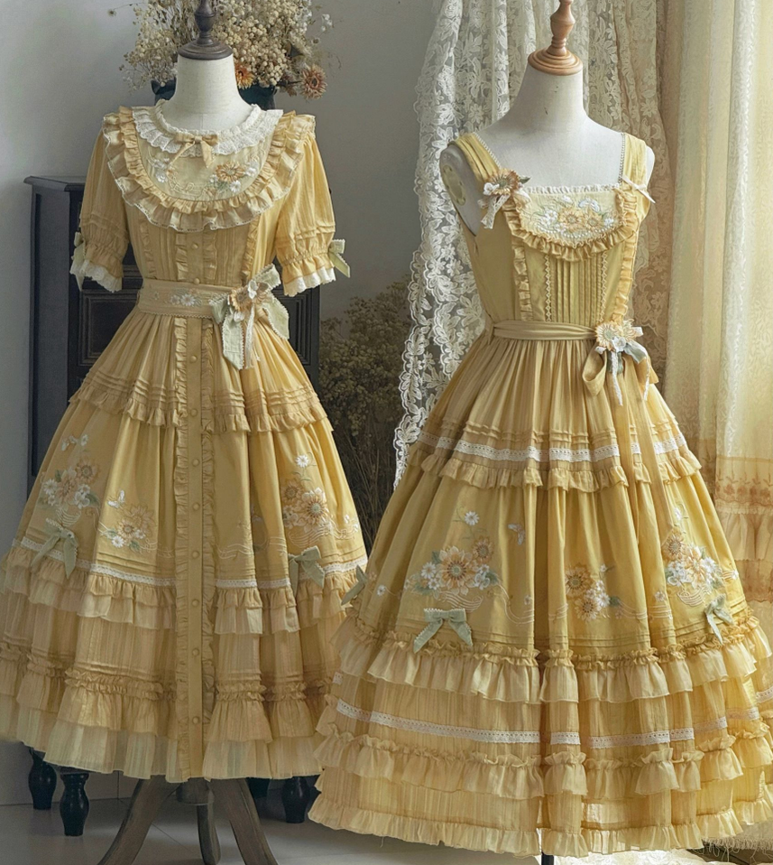 Moonlight Amber - Sunflower - Embroidered Country Lolita Dress, Tiered Skirt