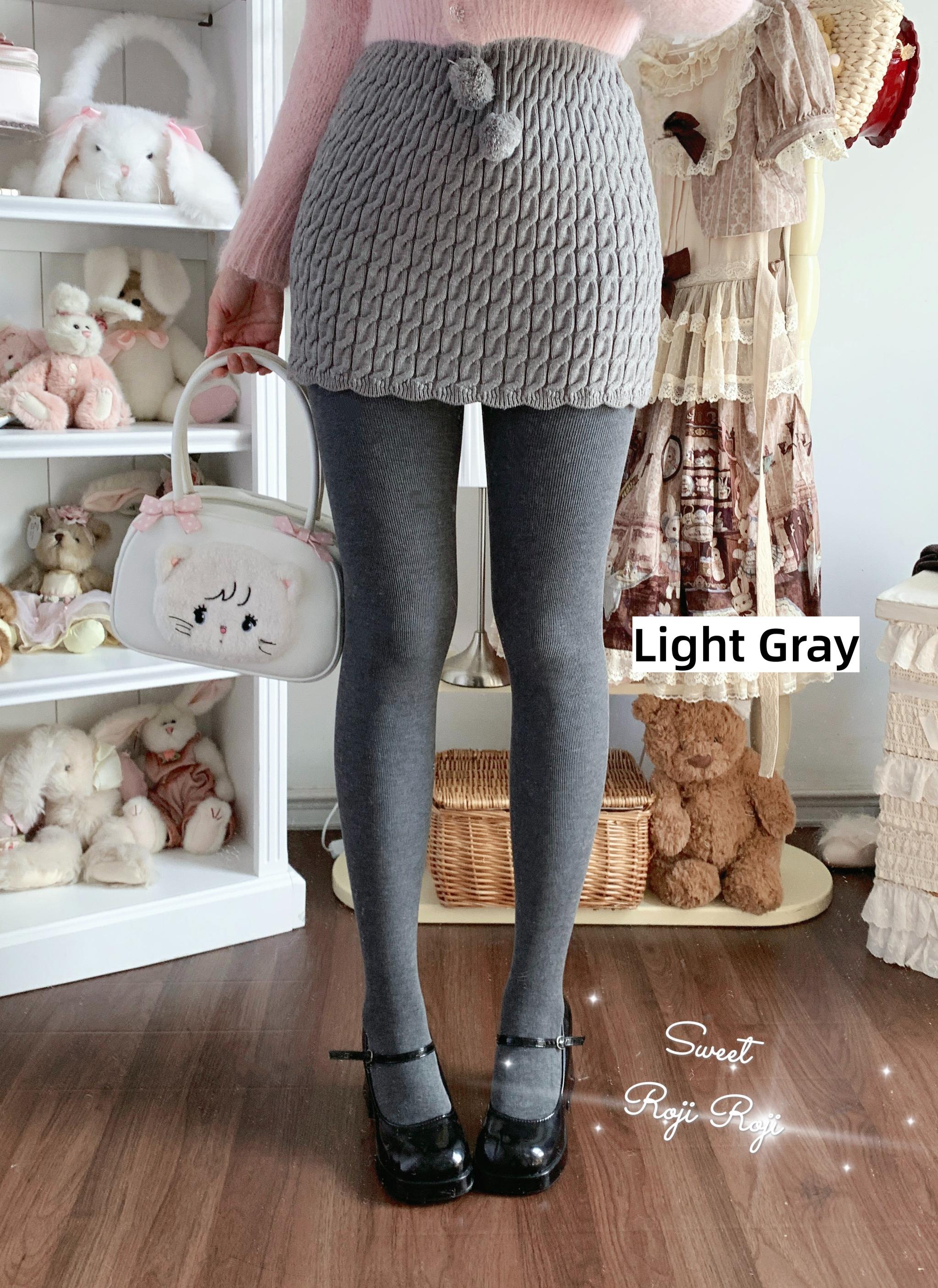 Kawaii Lolita Fleece-Lined Tights, Multiple Colors Light Gray One Size