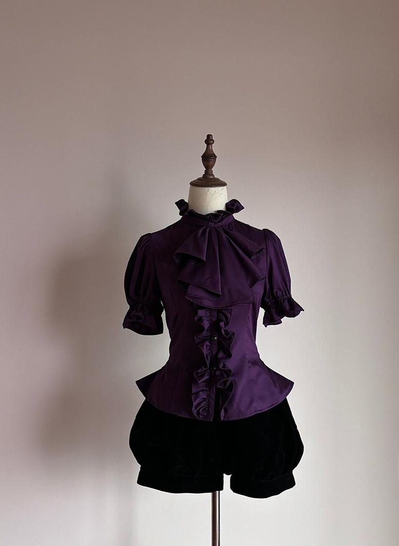 FlowerFairyDaily - Trace Night - Gothic Lolita Short-sleeved Shirt with Adjustable Waist