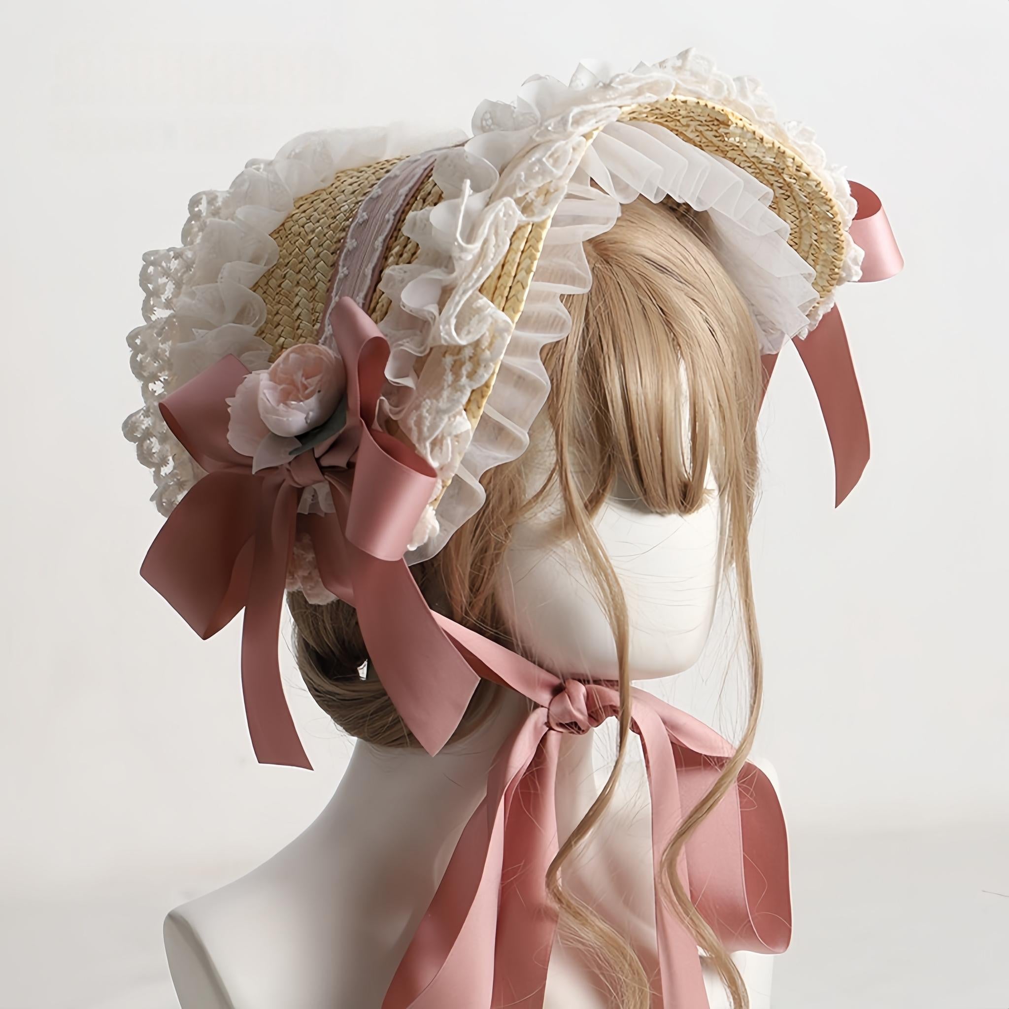 The Accessories' Story - Country Lolita Straw BNT, Ruffled Lace, Artificial Flower No Head Circumference Limitation / One Size Rose Pink
