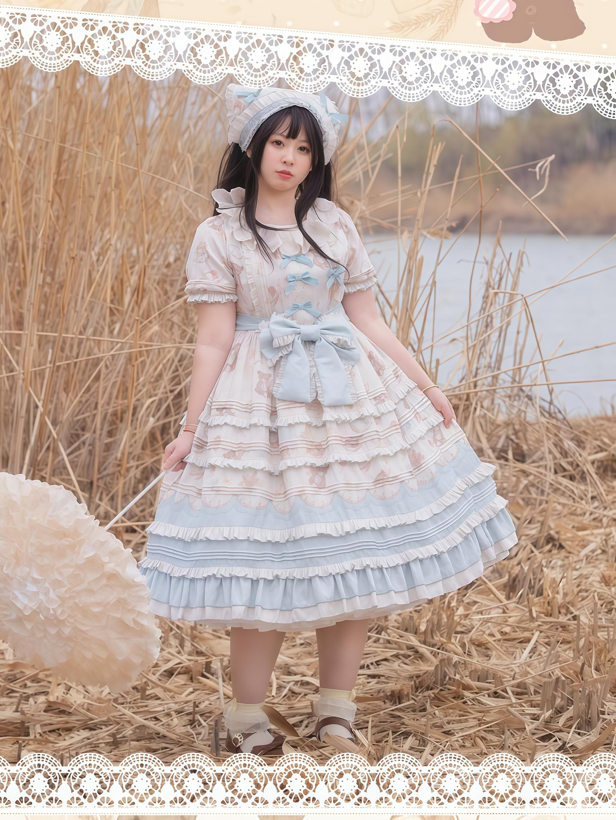 Chubby Cat Diary - Harvest Bear - Plus Size Country Lolita OP Dress with Teddy Bear Print
