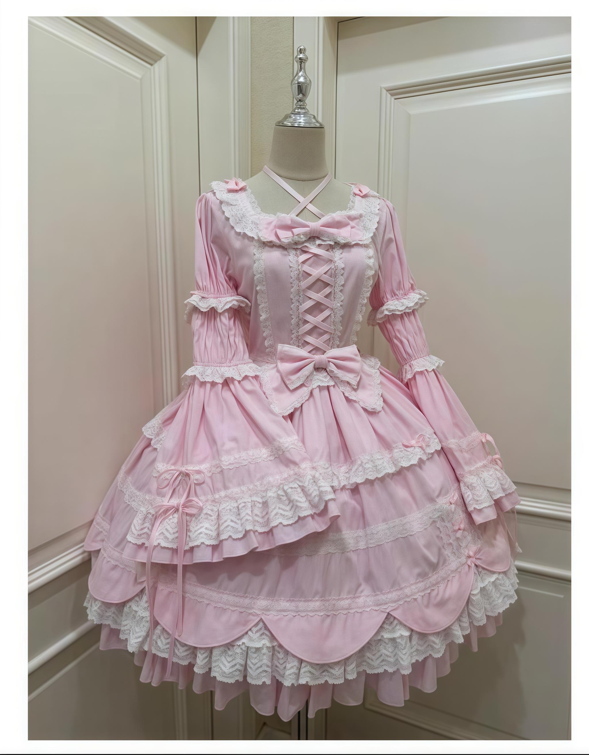 AerialCat~Cream Petals~Old School Lolita OP Tiered Ruffles Cotton Dress (L M S XL) 42762:752787
