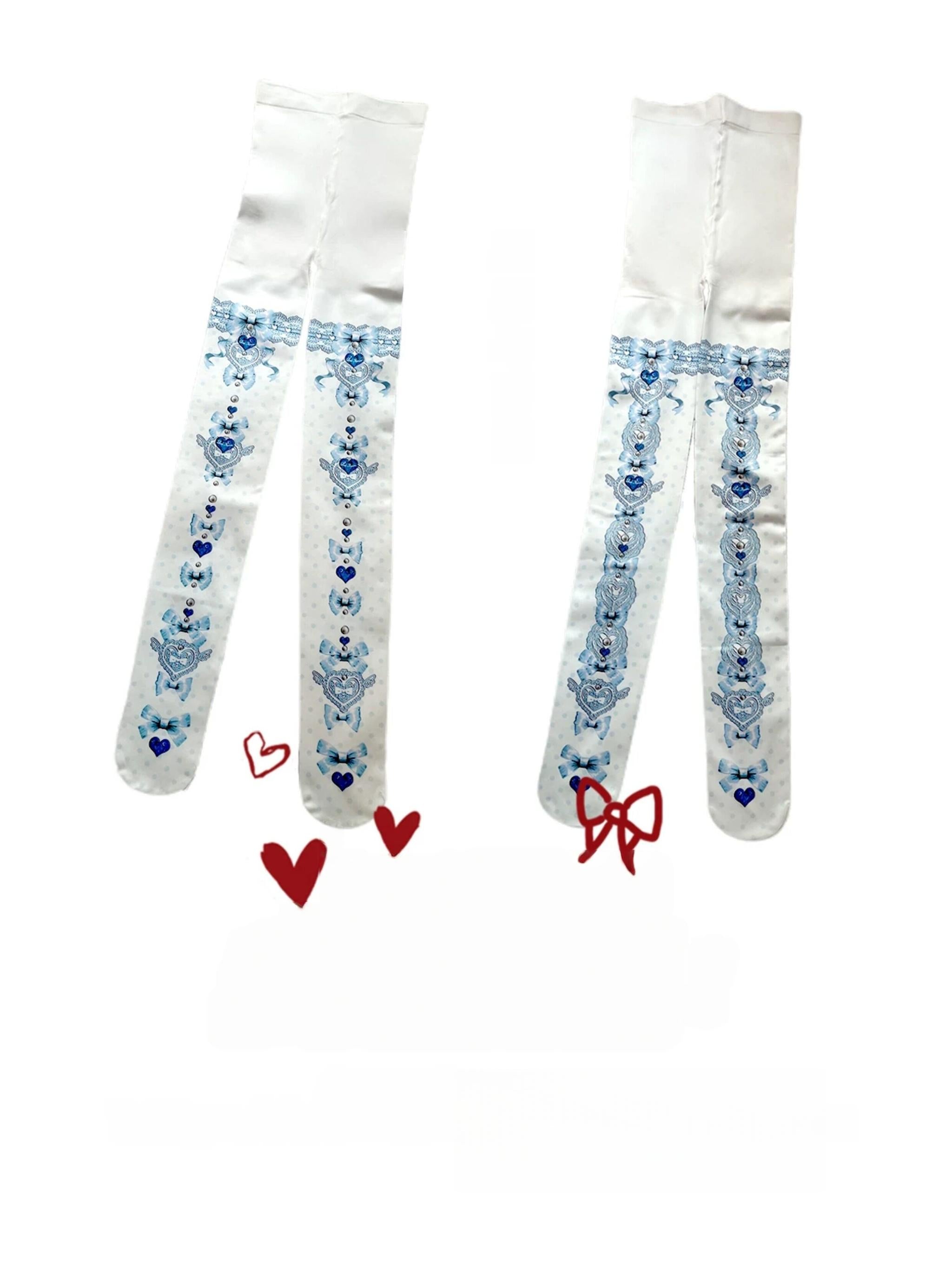 Sweet Lolita Polka Dot Printed Tights, Hearts and Bows Accent