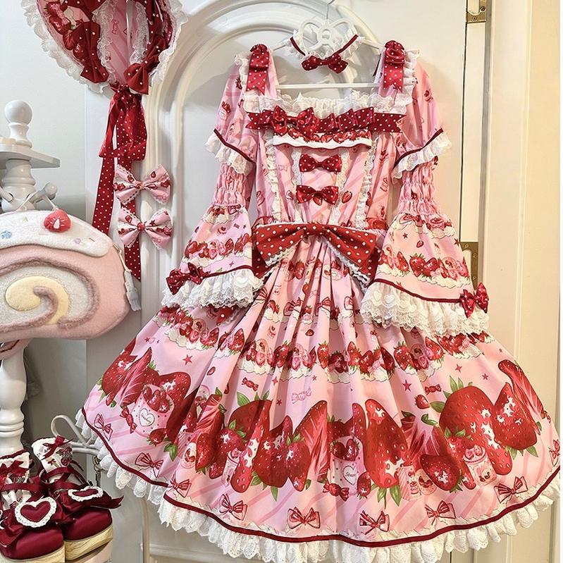 Strawberry Gift Box - Sweet Lolita OP Dress, Strawberry & Polka Dot Print OP Set + Hime Sleeves S