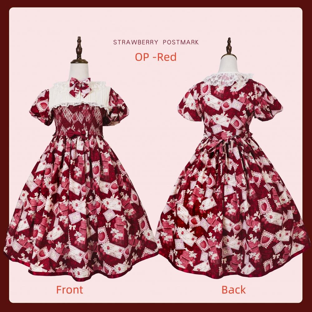 Strawberry Witch - Strawberry Stamp - Sweet Lolita OP Short Sleeve Lolita Dress S Wine red short OP