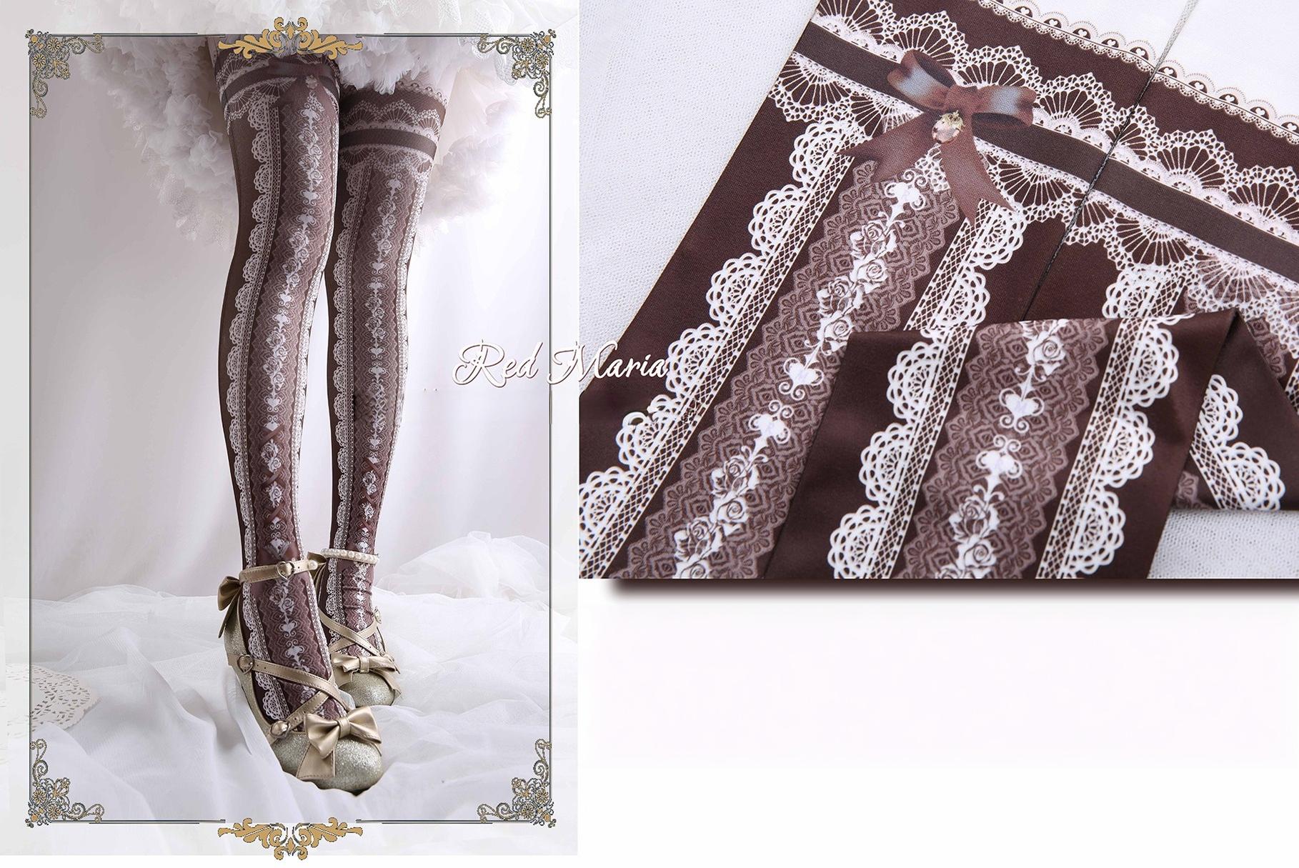 Red Maria - Lace Printed Bow 80D Lolita Tights Multicolors One Size Coffee