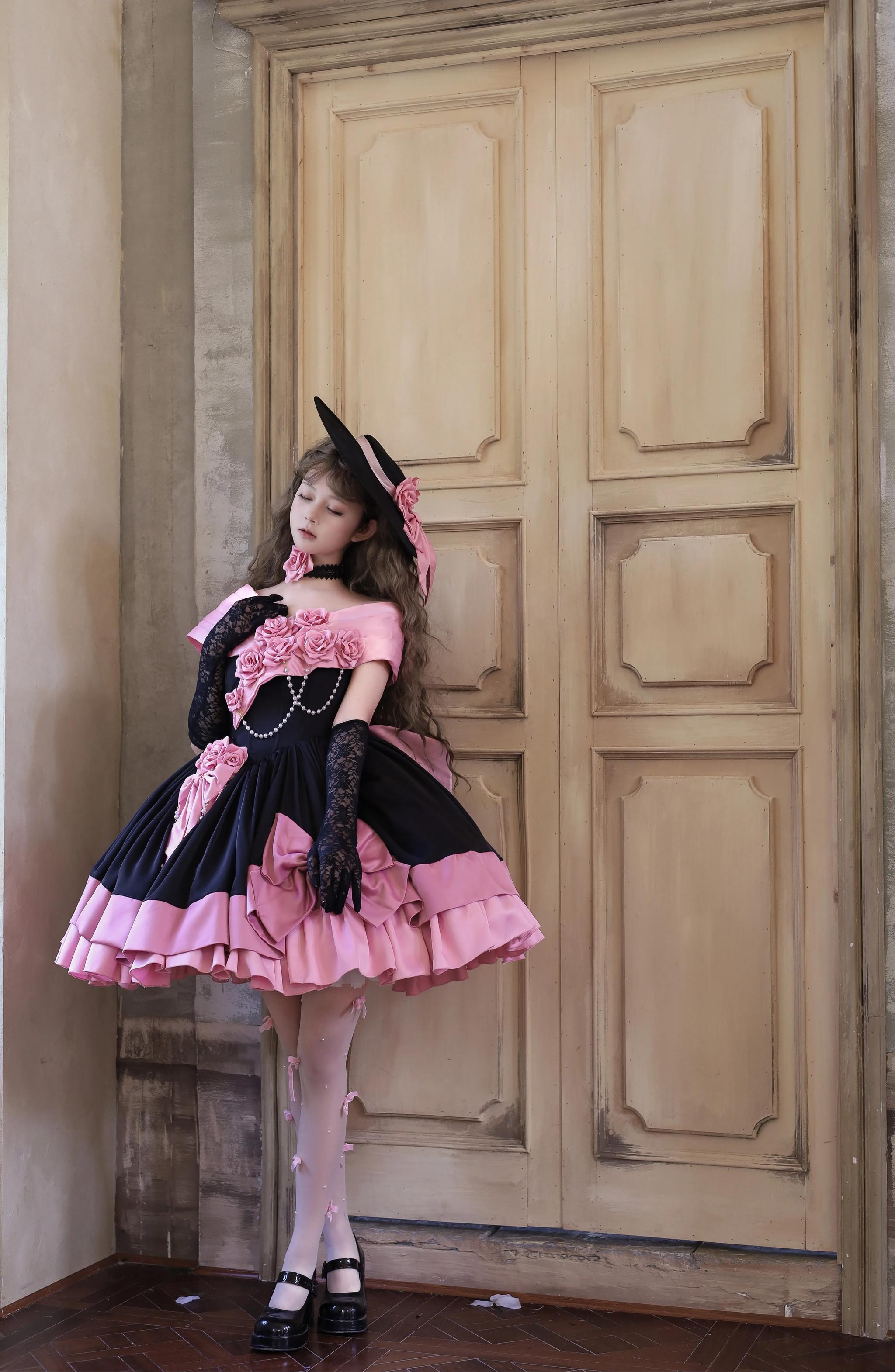 Casket Rose - Elegant Lolita Satin Corset Dress with 3D Pink Roses 45675:858118