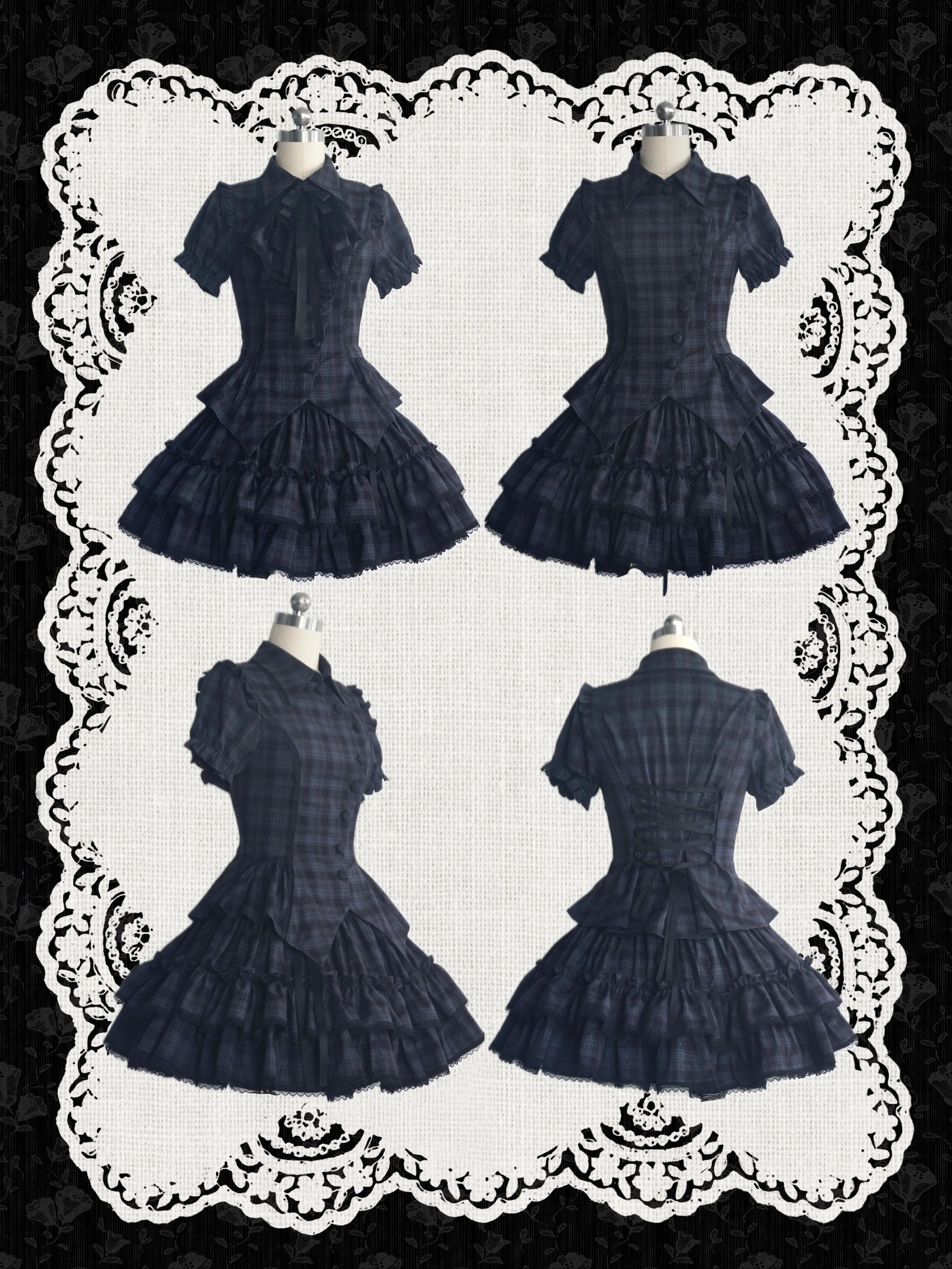 Lyra Nocturne - Gothic Lolita Slanted Placket Shirt Set, Plaid or Striped