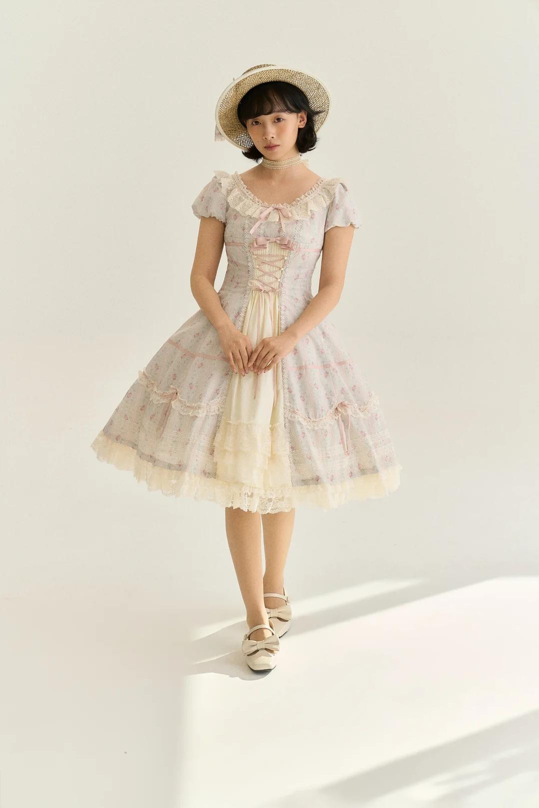 Spring Tale - Old School Lolita Floral Printed Dress, Front Opening 45767:861682