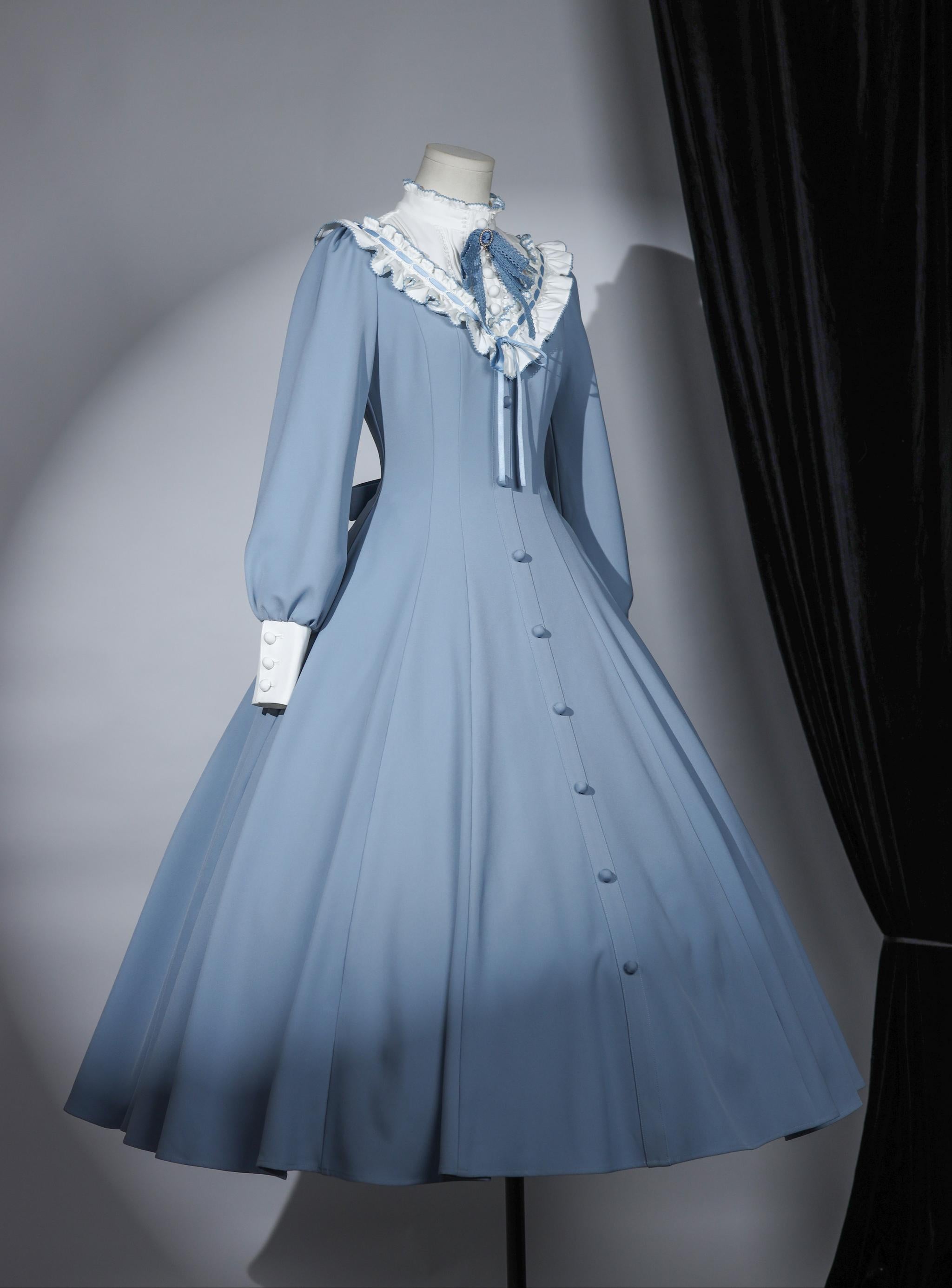 Winter Birch - Classic Lolita Slim Fit OP Dress, Standing Collar Gray Blue - Long OP S