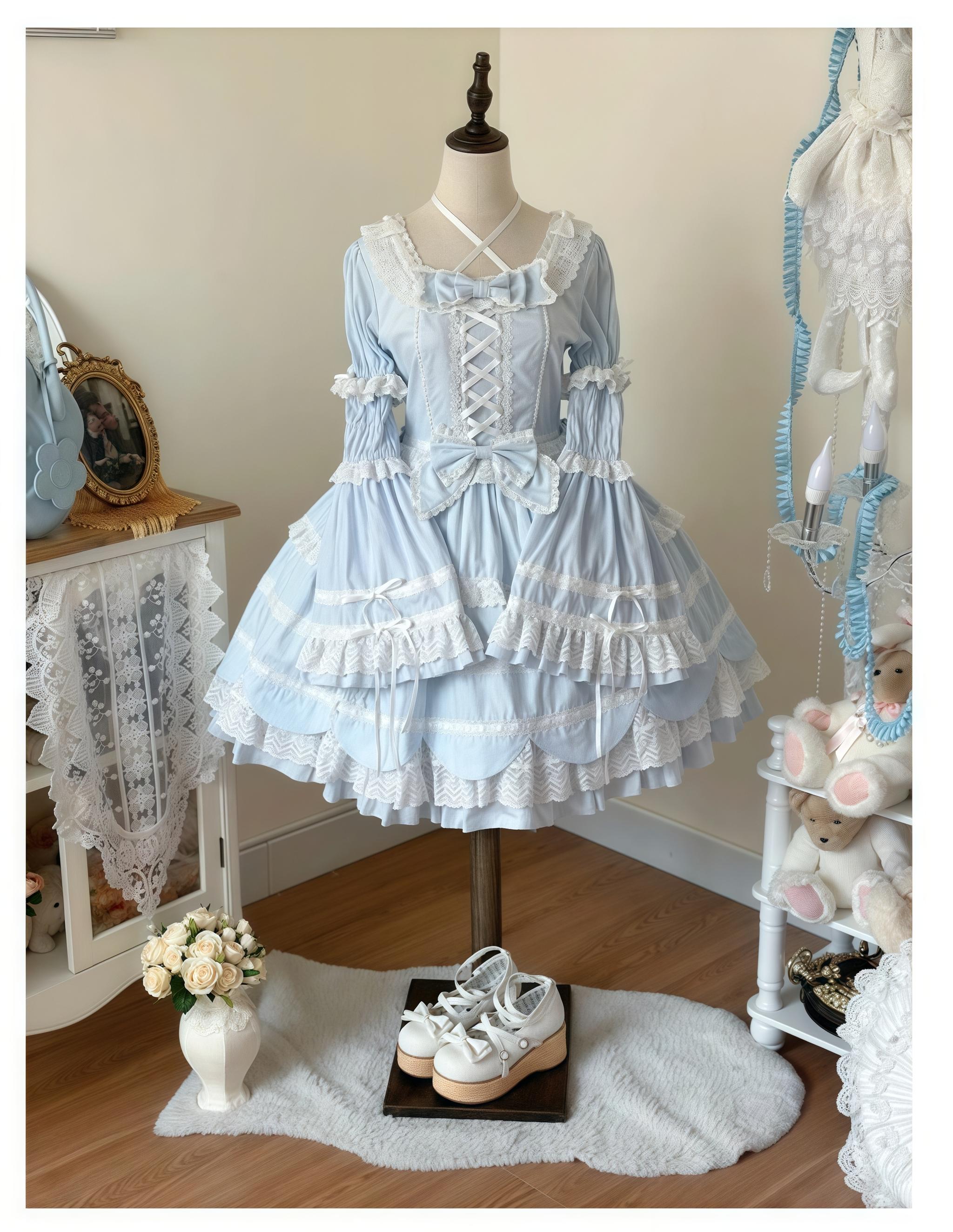 AerialCat~Cream Petals~Old School Lolita OP Tiered Ruffles Cotton Dress (L M S XL) 42762:752801