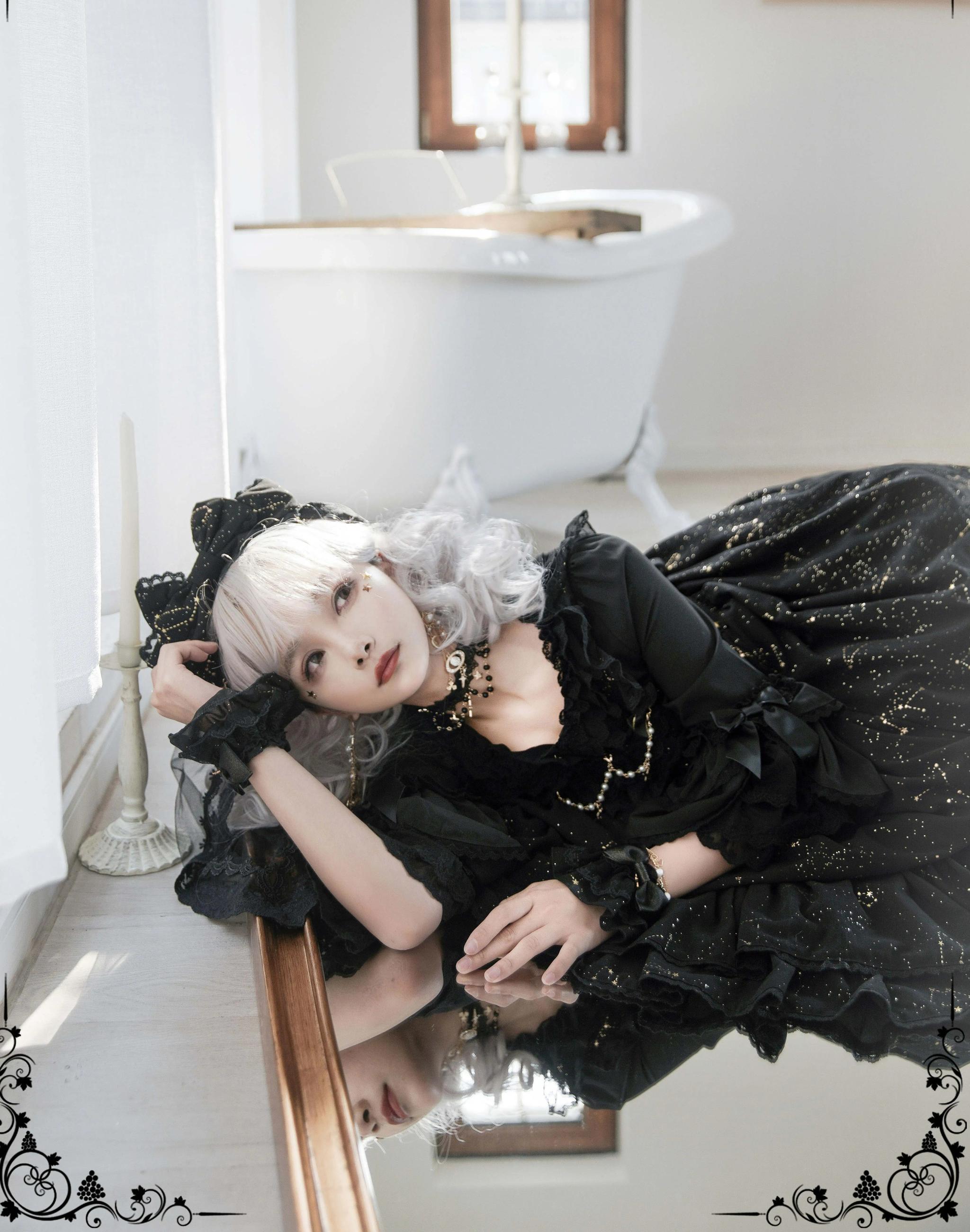 Whisper of Stars - Elegant Lolita Black JSK Dress, Constellation Foil Printing 34582:495556