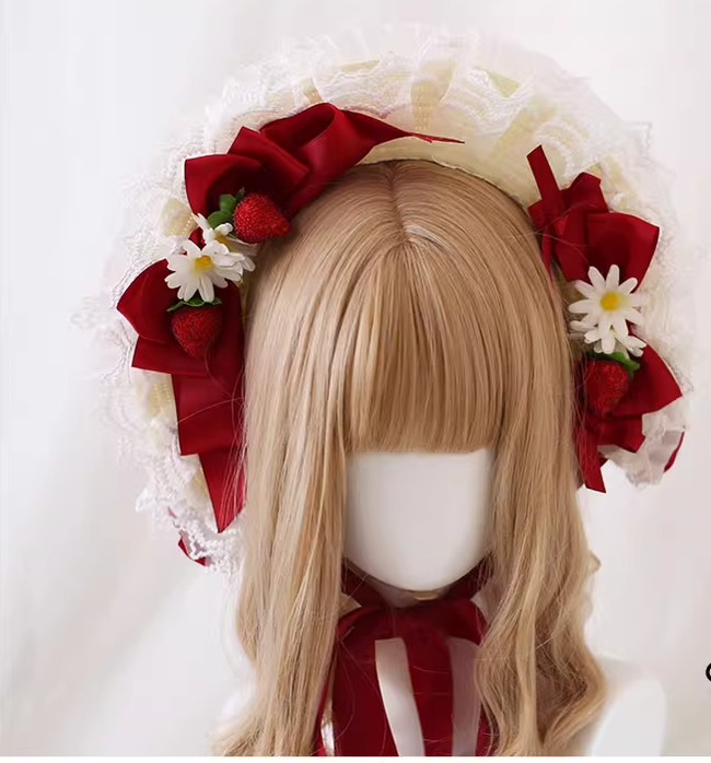 Xiaogui - Sweet Lolita Hat Strawberry Bonnet with Lace and Bow