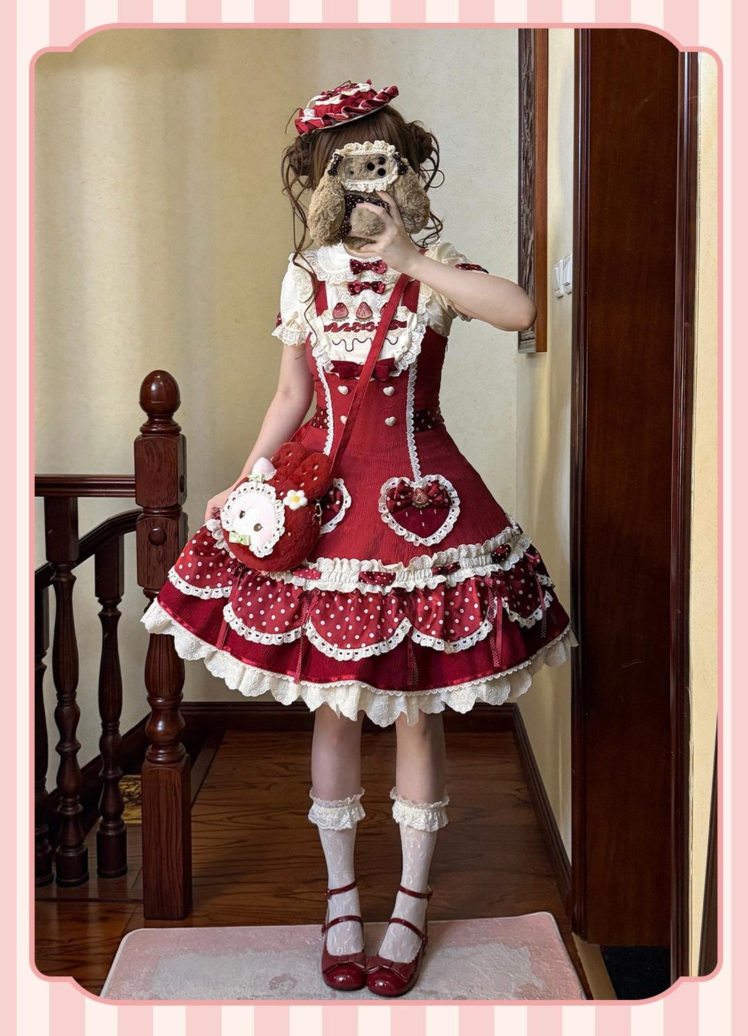 Cream Berry Party - Sweet Lolita JSK Dress, Strawberry Polka-Dot Print 45860:866842