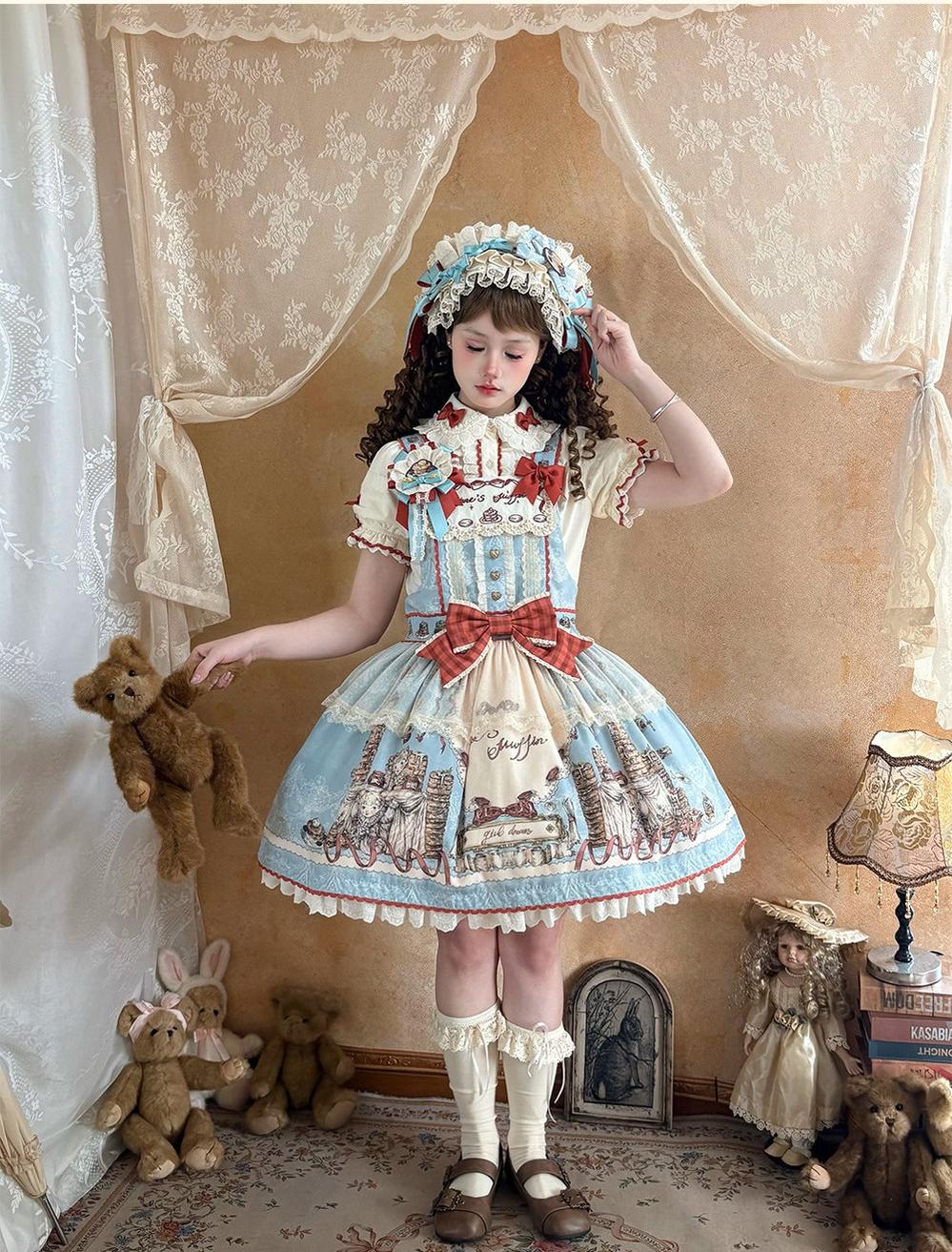 Pancake Postman - Kawaii Lolita Printed OP & Salopette Dress, Lace & Bows