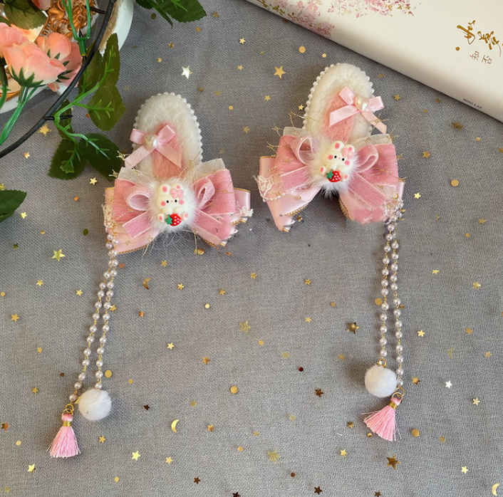 Luoluo Decoration - Han Lolita Pink Head Accessory a light pink wool rabbit ears hair pin