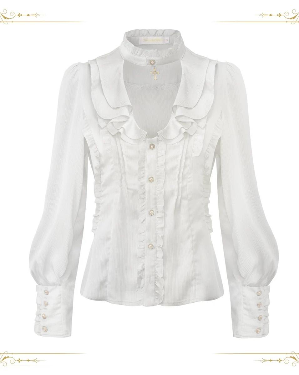 Eternal Rabbit Invitation - Ouji Lolita Vintage Long Sleeve Blouse, Ruffles V-Neck White S