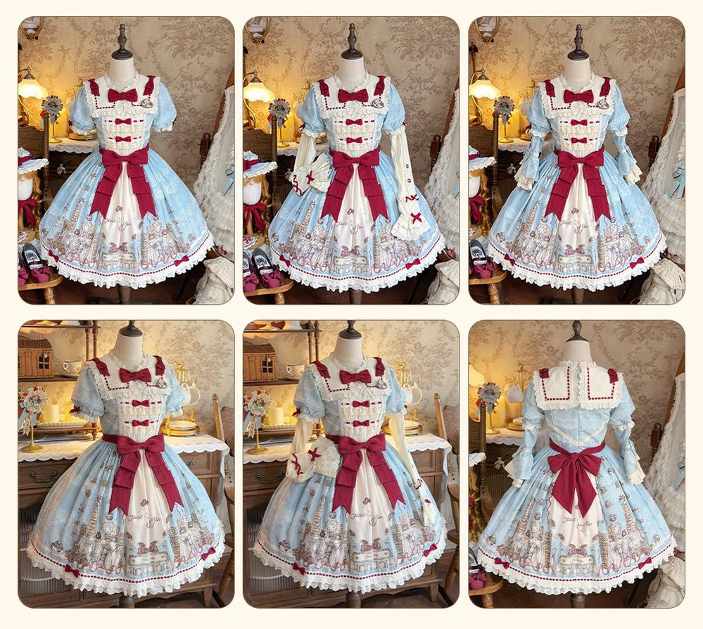 Pancake Postman - Kawaii Lolita Printed OP & Salopette Dress, Lace & Bows 45174:838675