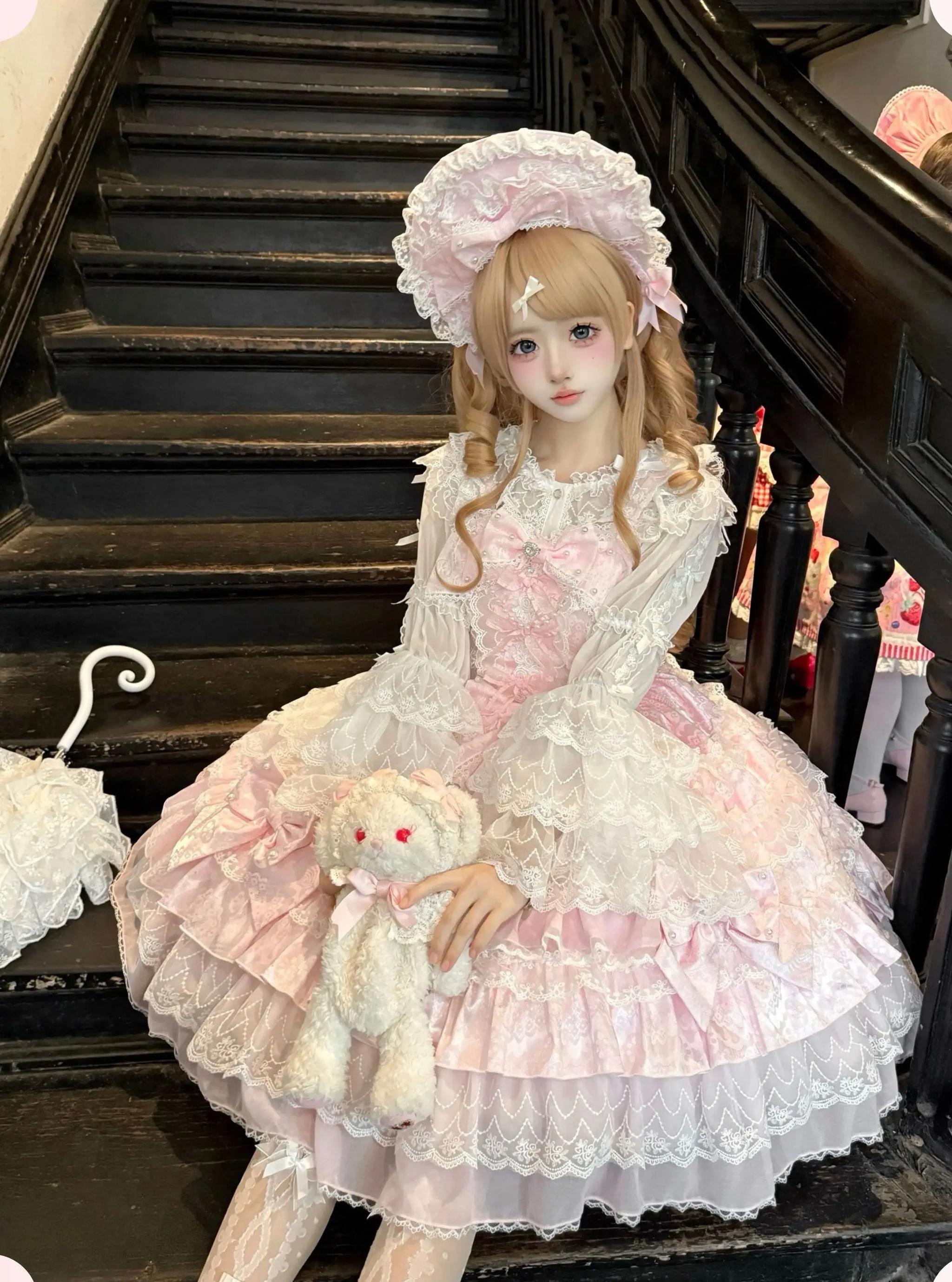 Slumbering Pearl Curtain - Sweet Lolita JSK Dress, Pearl Bows and Layered Lace 45780:862505