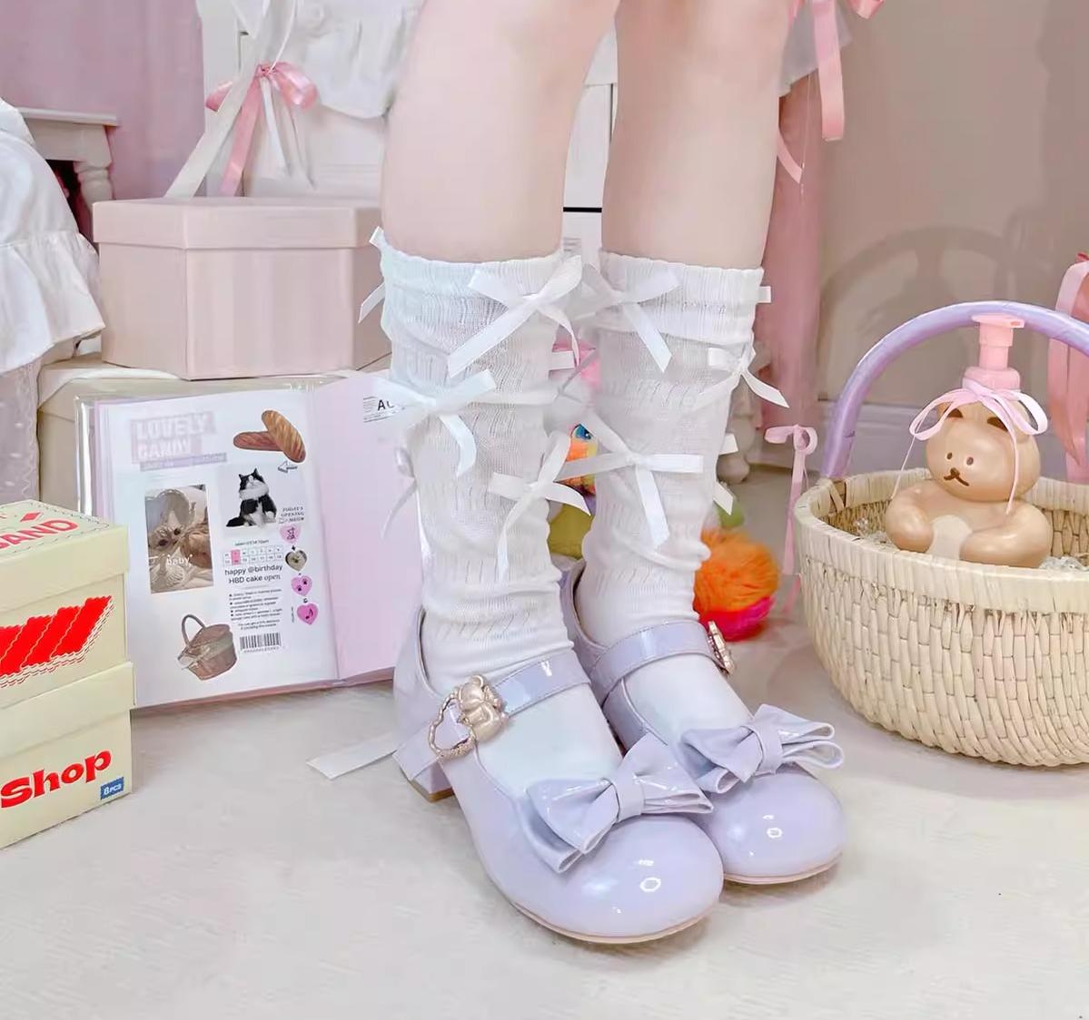 Sheep Puff~Hug Bear~Sweet Lolita Heel Shoes Bear Metal Buckle Bow Shoes 38702:597486