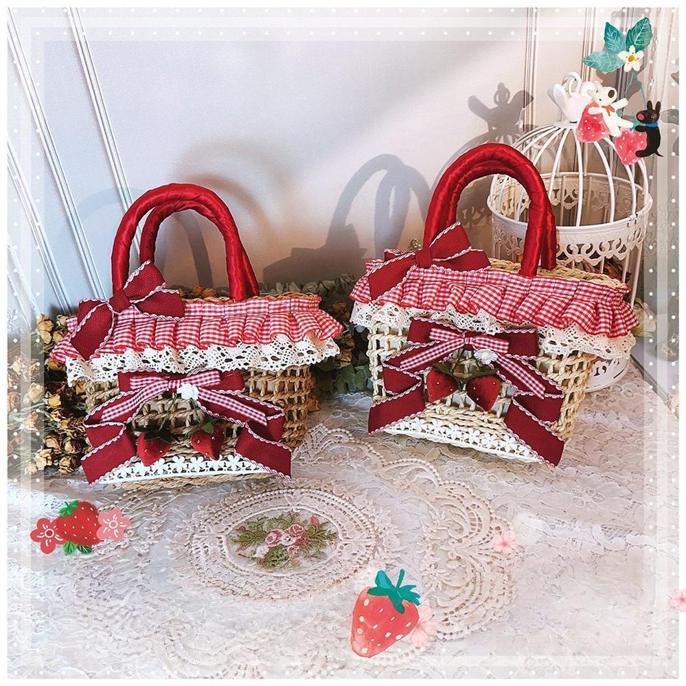 Country Lolita Straw-woven Bag, Strawberry Accent
