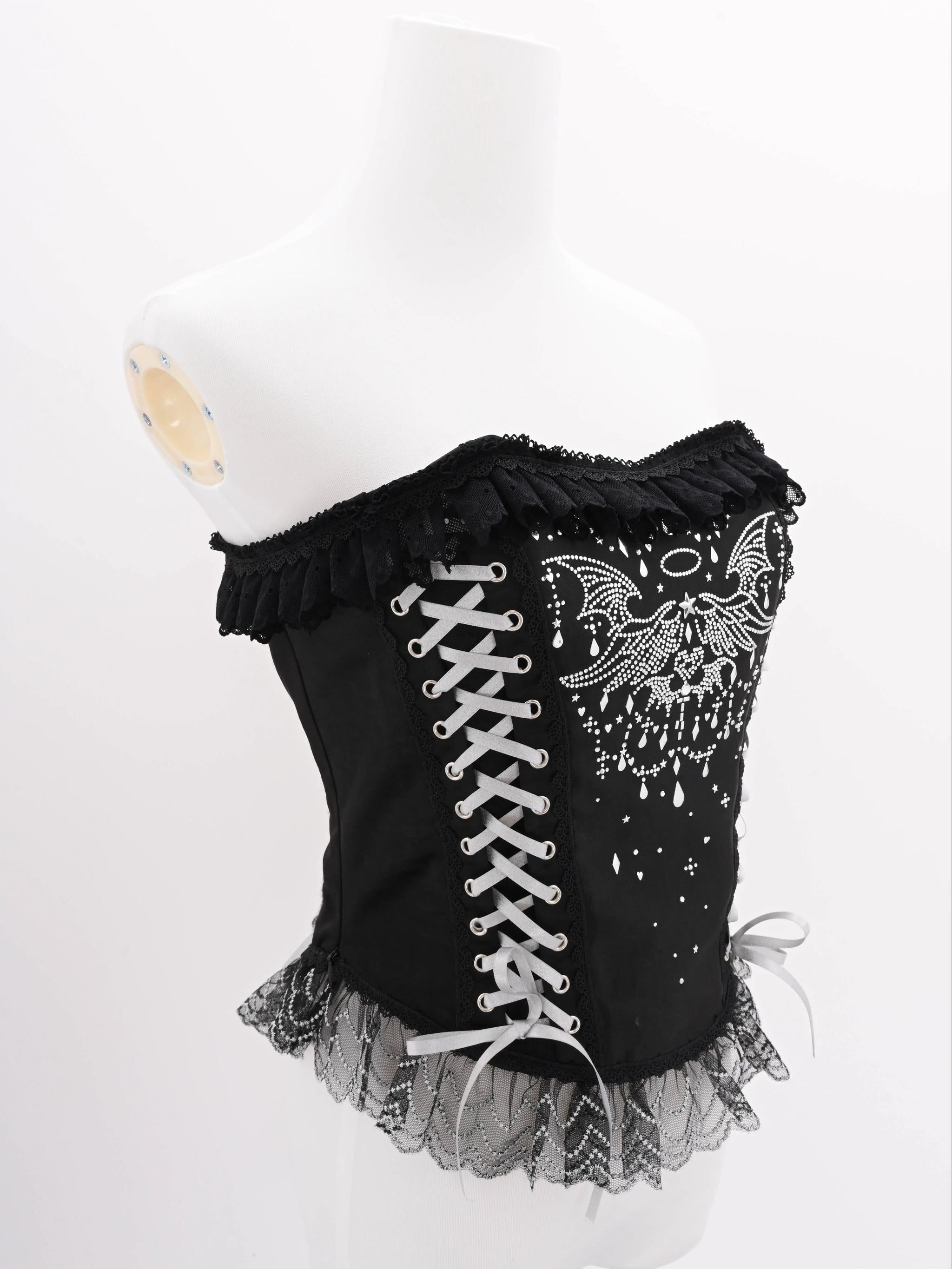 LustrE - Metallic Angel Black - Gothic Lolita Rhinestone Top & Ruffled Skirt Set 43991:791098