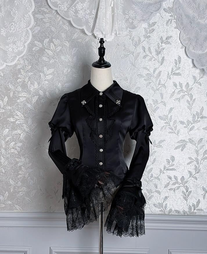 Dark Fog Feast - Gothic Lolita Satin Blouse, Hime Sleeves Black XS