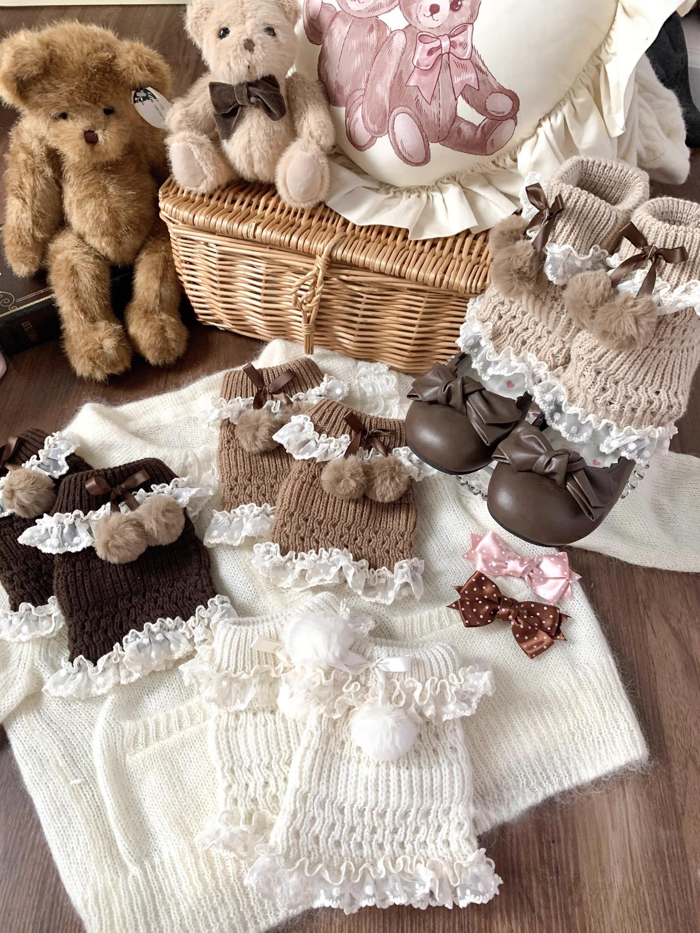 Roji Roji - Kawaii Lolita Wool Leg Warmers, Pom-Pom Accented Bow 43999:791789