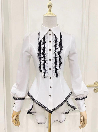 Little Dipper~Gothic Lolita Shirt Solid Color Long Sleeve Blouse S Off-white shirt with black lace [short length] 