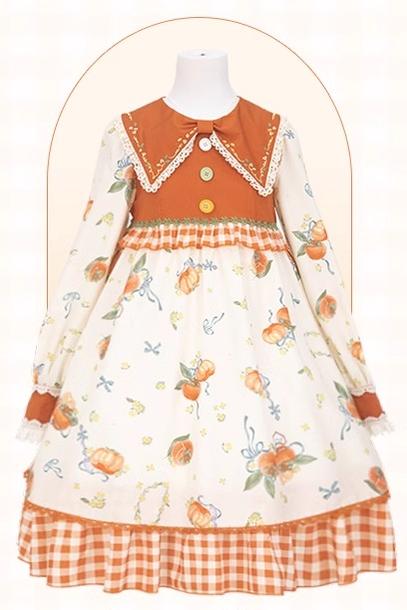 Mademoiselle Pearl~Persimmon~Autumn Persimmon Print Lolita OP JSK SK Dress XS Bow-shaped Doll Collar OP (L M S XL XS) 29100:396056