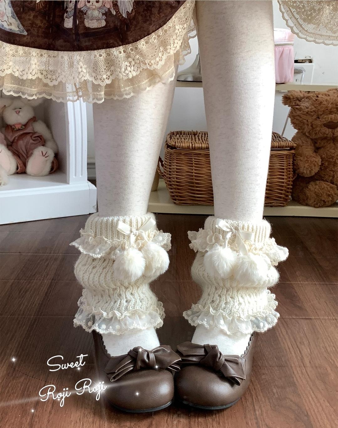 Roji Roji - Kawaii Lolita Wool Leg Warmers, Pom-Pom Accented Bow 43999:791796