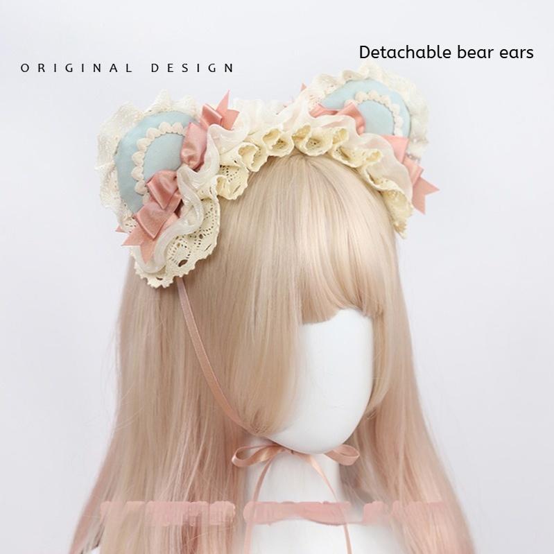 The Accessories' Story - Bear Ear Sweet Lolita Head Accessory Pink and Green Bear Ear Headband (detachable ears)