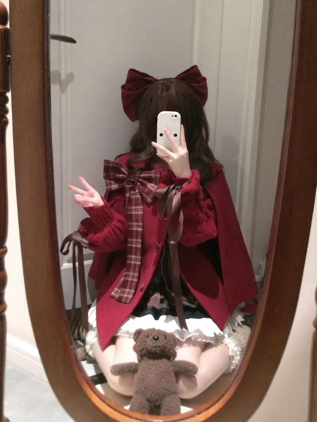 Christmas Lolita Wine Red Cape Coat, Bunny Ear & Plaid Bow