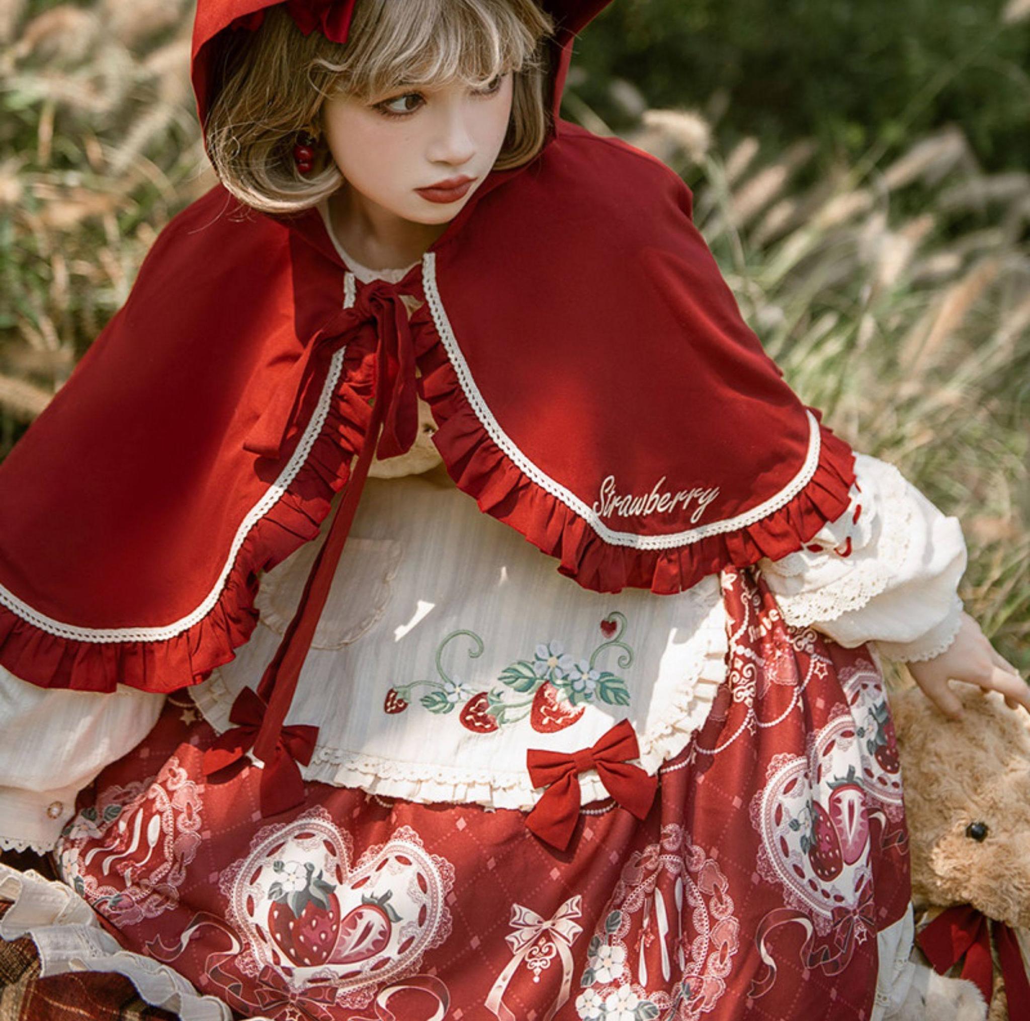 Strawberry Diary - Sweet Lolita Strawberry Print OP Dress with Cape