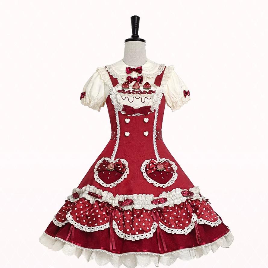 Cream Berry Party - Sweet Lolita JSK Dress, Strawberry Polka-Dot Print 45860:866126