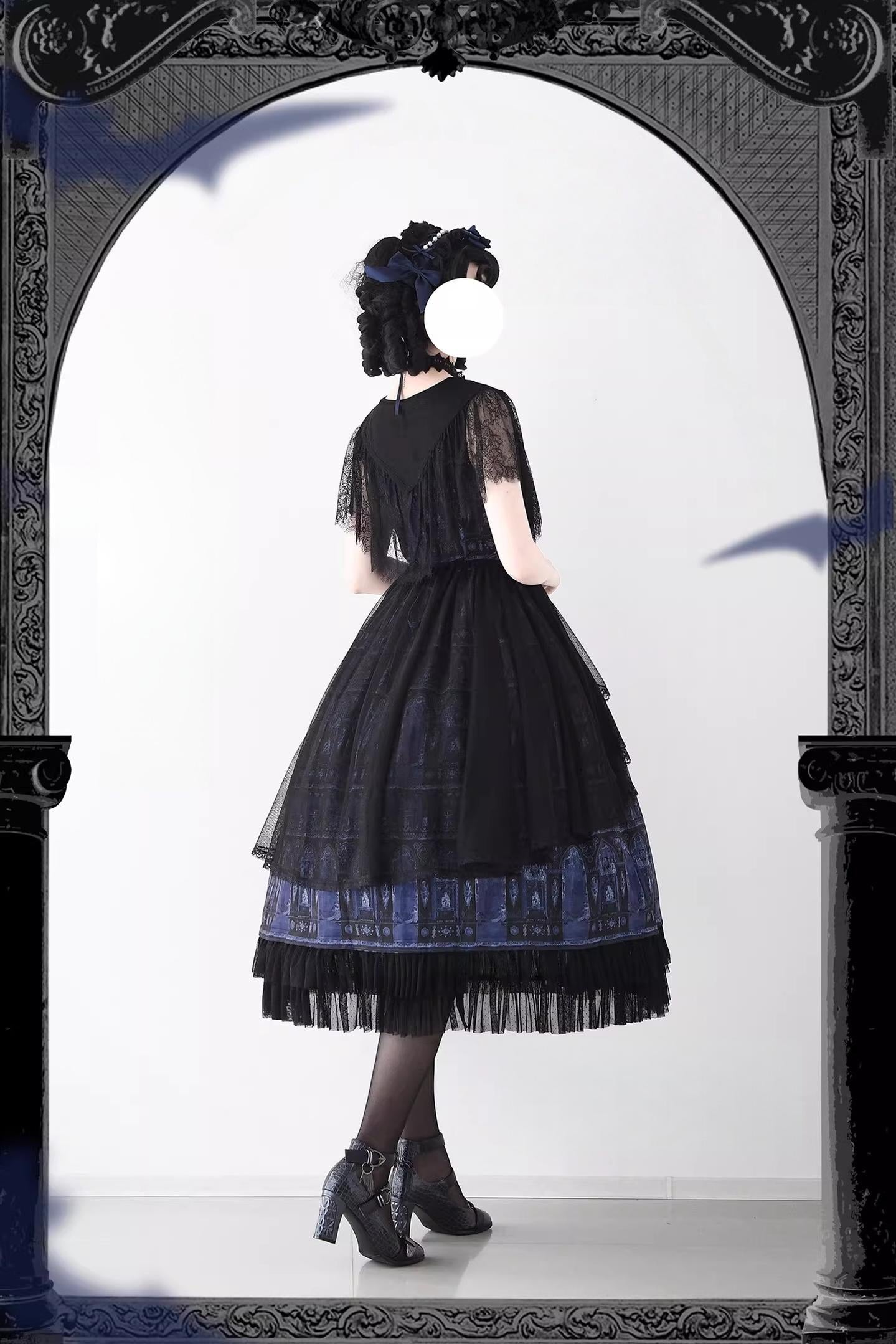 Reims Cathedral - Printed Classic Lolita Dress, Detachable Gauze Outlayer 44701:819225