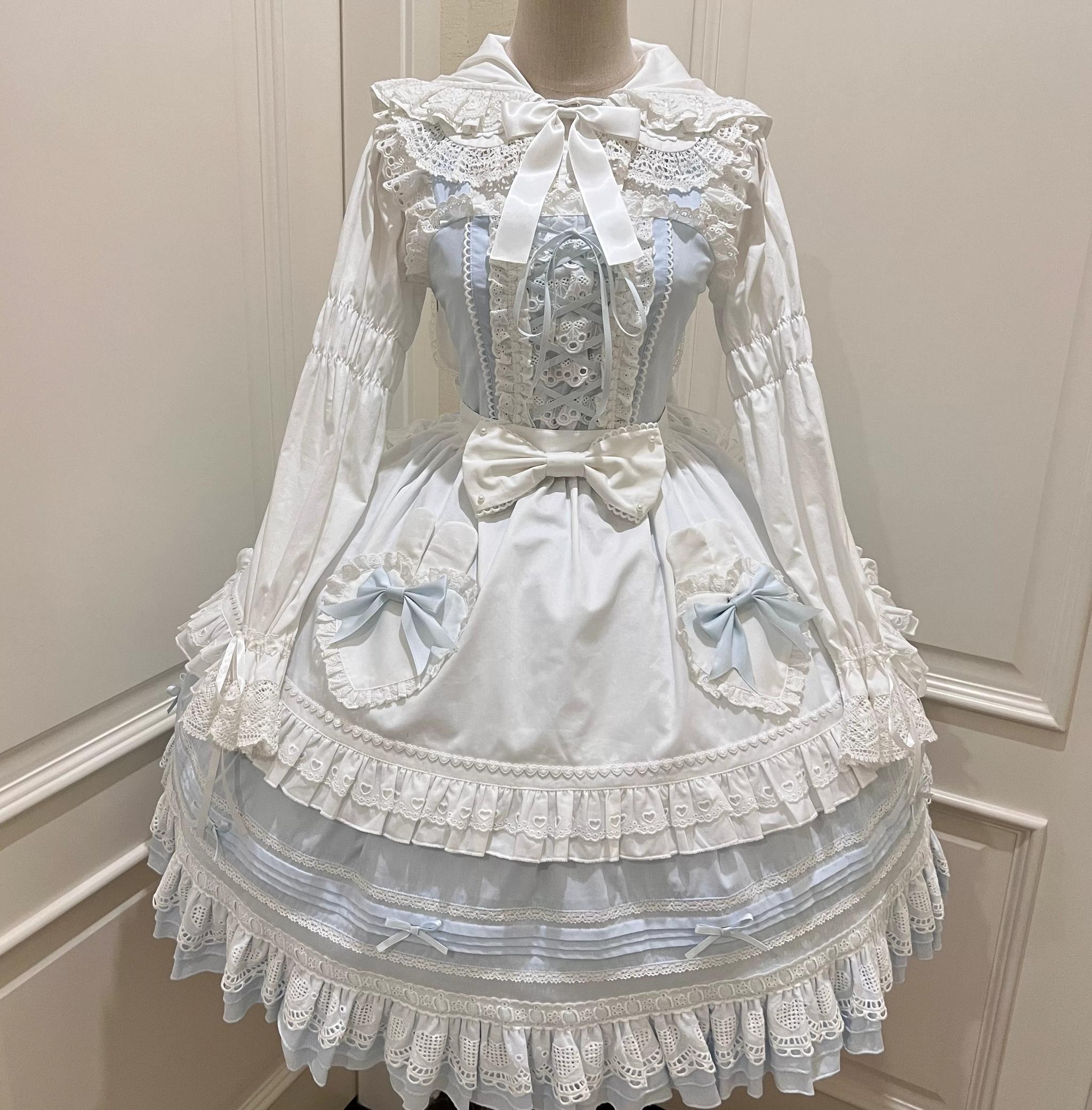Little Bunny Bakery - Old School Lolita Cotton JSK Dress, Bunny-ear Heart Apron Light Blue JSK Only S