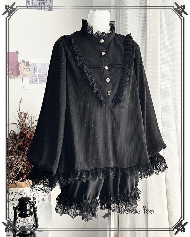 CastleToo - Black Moonlight - Ouji Lolita Chiffon Shirt Outfit Long-sleeved Shirt + Shorts + Scarf One Size