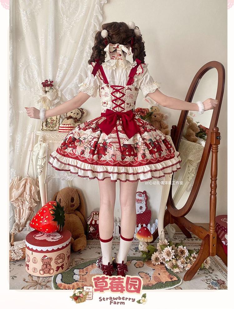 Strawberry Garden - Sweet Lolita JSK & OP Dress, Strawberry Print 44455:810084