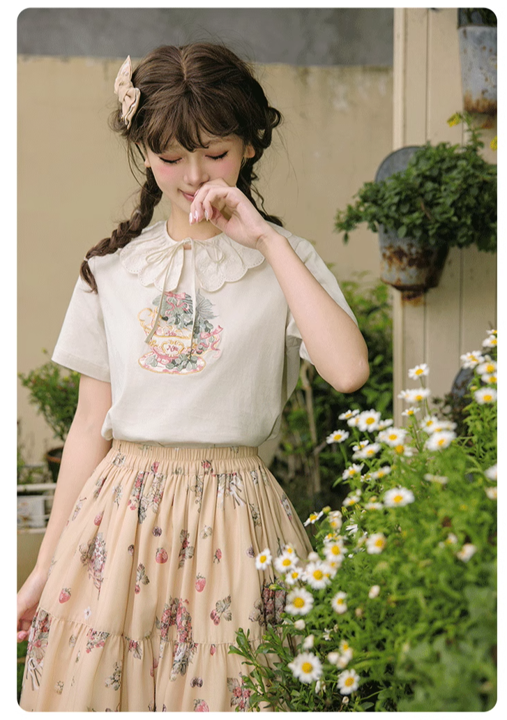 NyaNya - Four Seasons Collection - Sweet Lolita T-shirt Summer Loose Fit Embroidered T-shirt