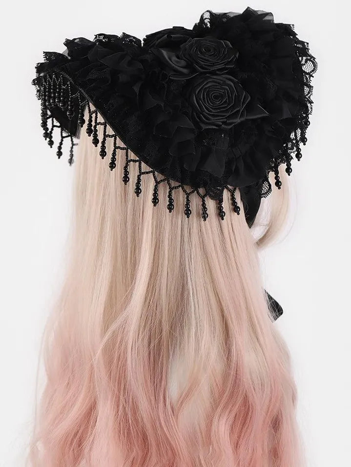 Gothic Lolita Black Hat, Rose & Bead Tassels
