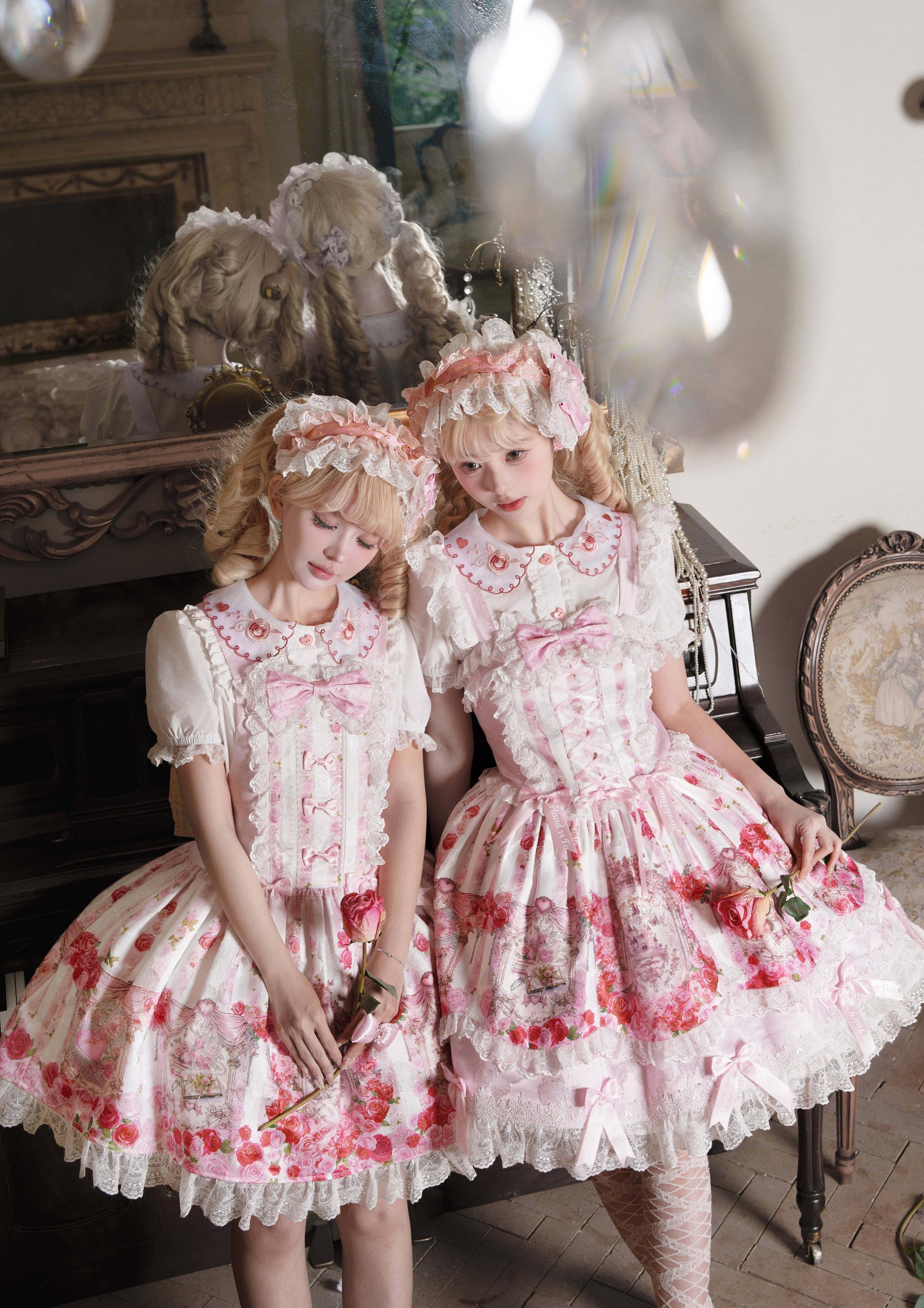 Rose Dream Isle - Sweet Lolita Rose Wall Print Dress, Embroidery & Bows