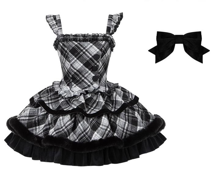 With PUJI - Snow Night Serenade - Fluffy Plaid Kawaii Lolita JSK, Reversible Cape (L M S) 44279:802369