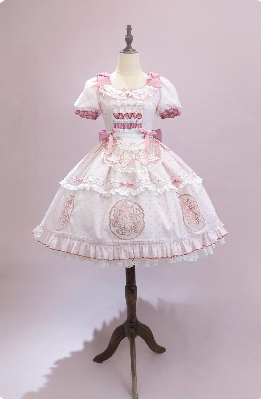 Berry Trap - Embroidered Sweet Lolita OP Dress, Polka Dot Embroidered OP Only (excl. apron) S