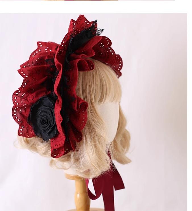Xiaogui - Classic Lolita Bonnet Lace Elegant Lolita Hat One Size Dark red + black flowers