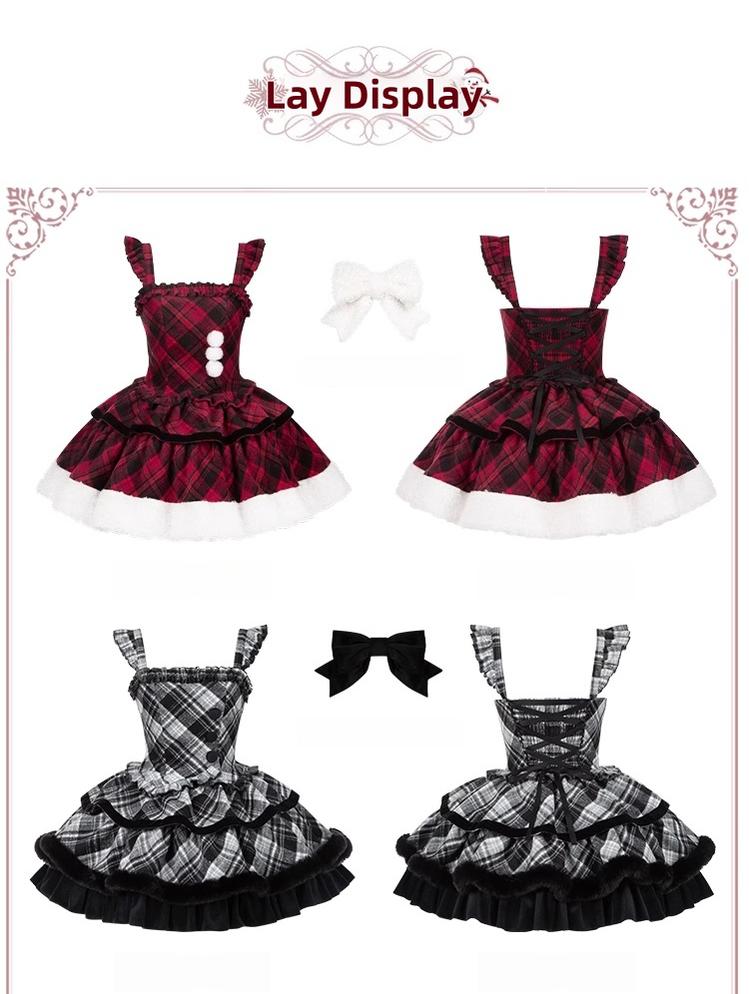 With PUJI - Snow Night Serenade - Fluffy Plaid Kawaii Lolita JSK, Reversible Cape 44279:802376