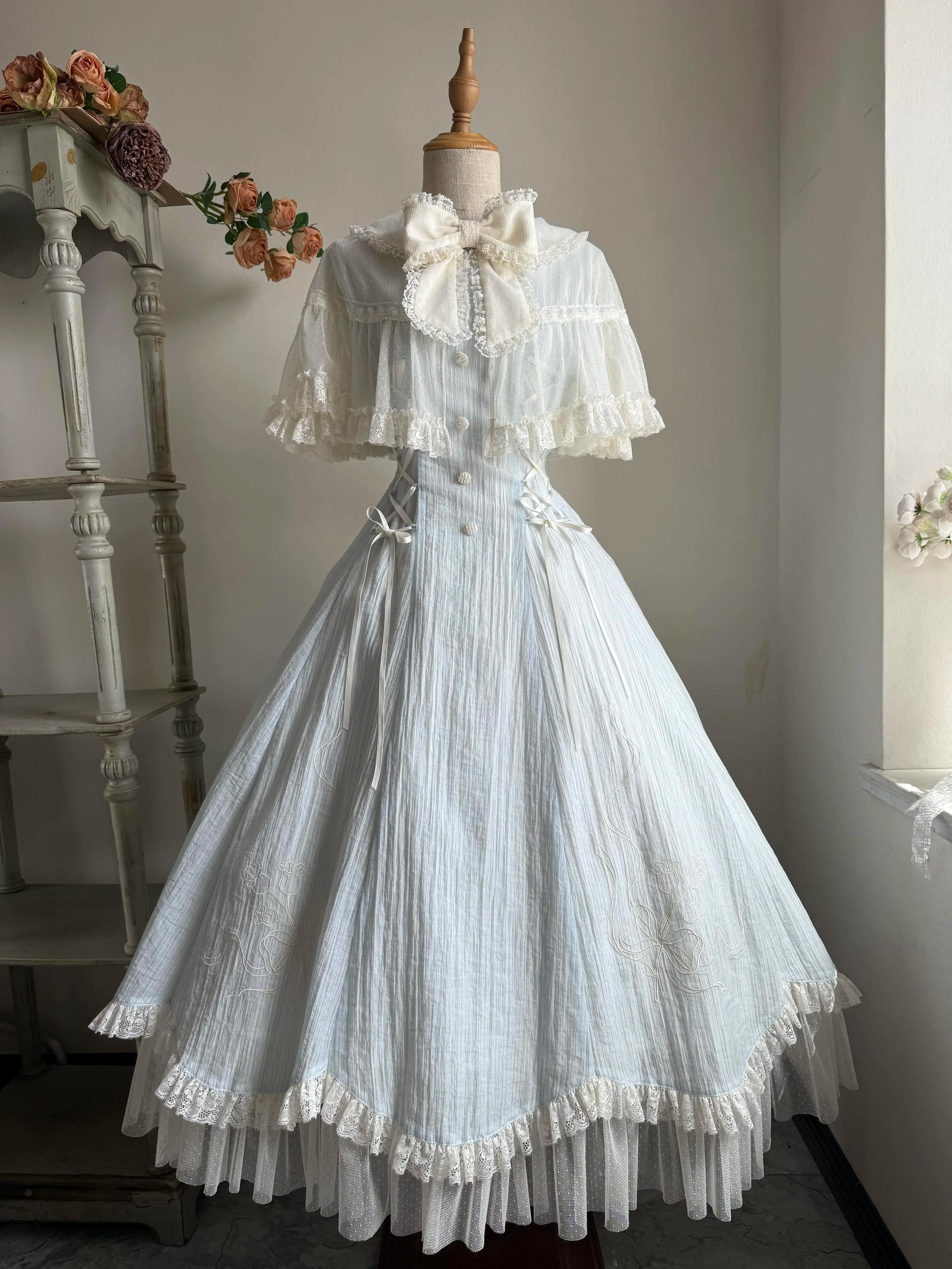 Kuma - Little Wind Chime - Elegant Lolita OP Water Blue Dress With Decorative Tulle Cape