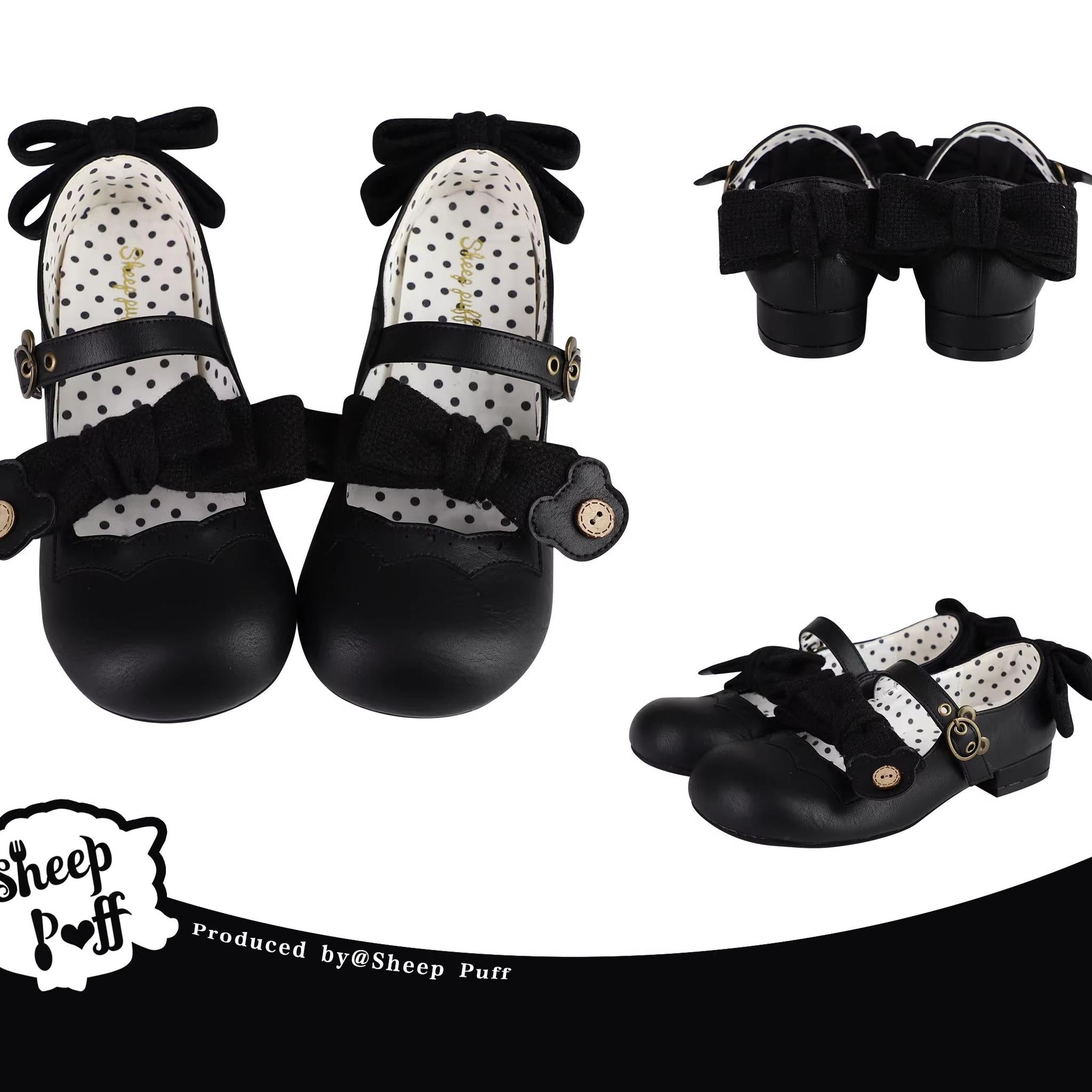 Sheep Puff - Bear Room - Sweet Lolita Shoes Double Bow Round Toe Flat Shoes black 34