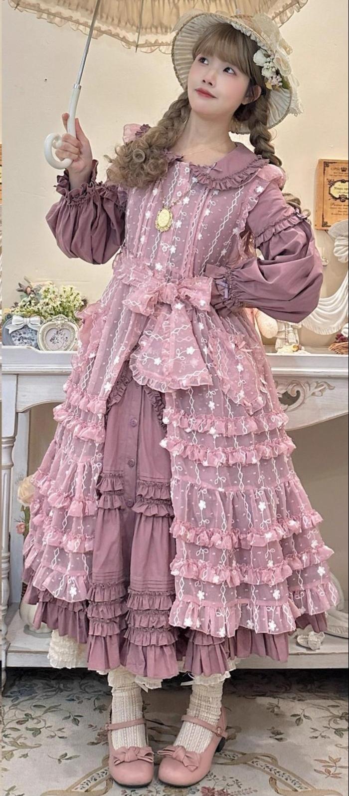 Bunny Magic Forest - Loving Bunny - Elegant Lolita Long Sleeve Trapeze OP, Tiered Skirt (Purple / L M S XL / OP) 44362:806289