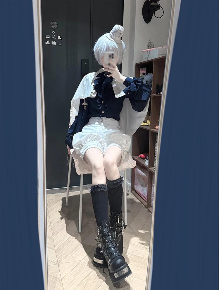 Fallen Holy Star - Ouji Lolita Ruffled Chiffon Blouse & Cape Set, Elastic Shorts 45816:863704